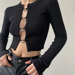 Cutout Split Beads Detail Ribbed Knit Top